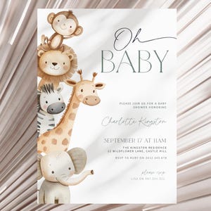 Safari Baby Shower Invitation Template - Editable Gender Neutral Jungle Animals Party Invite, Instant Download