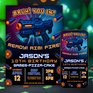 Sjabloon bewerkbare Nerf-verjaardagsuitnodiging voor verjaardagsfeestje - digitale dart-feestuitnodiging, Canva Instant Download, aanpasbare verjaardagsuitnodiging