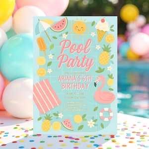 Editable Pool Party Invitation, Girl Pool Birthday Party, Pastel Invite, Summer Birthday Party, Swimming Party, Preppy Pool Party Invite
