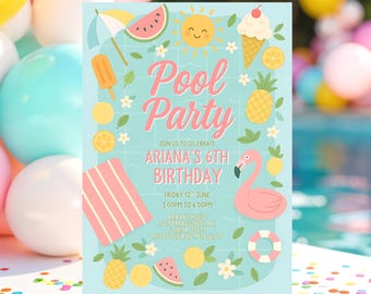 Può includere: Un invito a una festa in piscina blu e rosa con un fenicottero, un'anguria, un cono gelato, un ananas e un sole con un sorriso. Il testo sull'invito recita "Pool Party", "Join us to celebrate Ariana's 6th Birthday", "Friday 12th June 3:00pm to 6:00pm", "Ariana's House 5423 Paradise Pool Av Florida 55255", "RSVP to Lisa on 991654321".