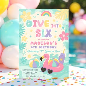 Bewerkbare preppy 6e verjaardag zwembadfeestuitnodiging Varsity Girl Fashion Dive Into Six 6e verjaardag zomerfeest direct downloaden