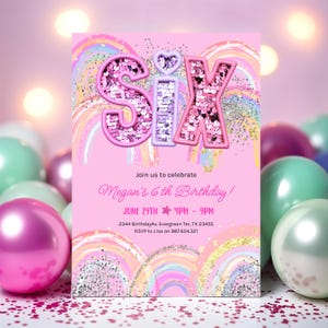 6th Birthday Invitation Girl Editable Rainbow Sequin Glitter Invite Printable Template for Girls Party, Girls Pink Birthday Invite