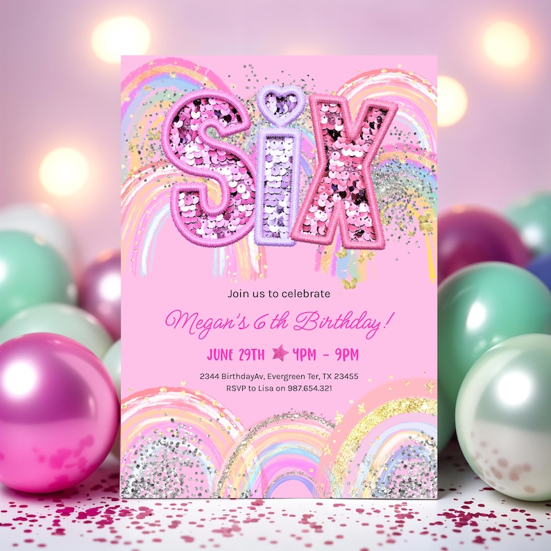 6th Birthday Invitation Girl Editable Rainbow Sequin Glitter Invite Printable Template for Girls Party, Girls Pink Birthday Invite