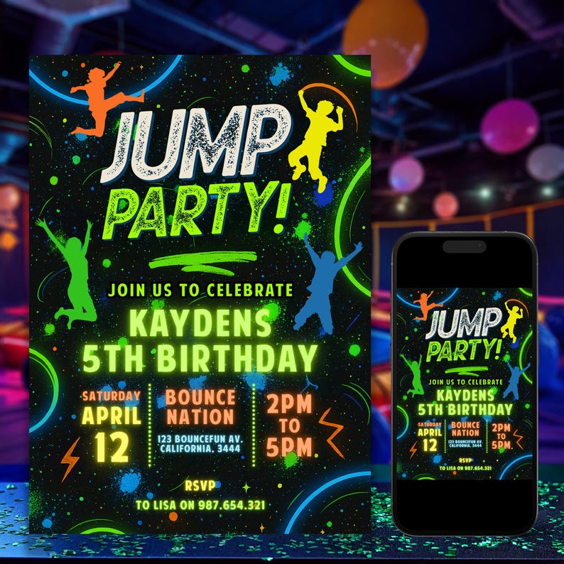 Puede incluir: Invitaci&oacute;n a una fiesta de cumplea&ntilde;os en ne&oacute;n verde y negro con el texto "Jump Party!" y "Kaydens 5th Birthday". La invitaci&oacute;n incluye detalles sobre la fiesta, incluida la fecha, la hora y la ubicaci&oacute;n. La invitaci&oacute;n tambi&eacute;n incluye un n&uacute;mero de tel&eacute;fono para RSVP.