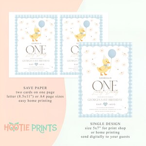 May include: Light blue and white baby shower invitations with a duck theme. The invitations feature a yellow duck holding a blue balloon, the text "GEORGIA IS ONE", and the date of the birthday. The invitations are designed for home printing.