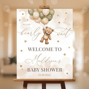 EDITIERBARE Geschlechtsneutrale Bärn-Babyparty-Willkommensschild, Wir können Bären-Babyparty-Plakat warten, braun grüne Boho-Bär-Babyparty NBS45