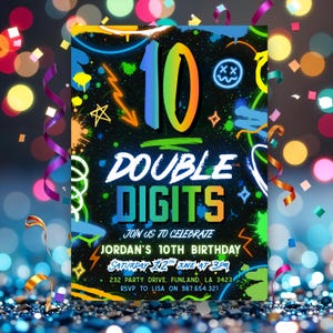 Invito per il decimo compleanno modificabile, invito per festa di compleanno per ragazzi con numeri al neon a due cifre, download immediato