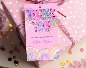 Etiquetas editables de lentejuelas arcoíris con purpurina para recuerdos de cumpleaños, etiquetas imprimibles de arcoíris rosa pastel para fiestas de niñas, HootiePrints GS32