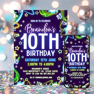 Bearbeitbare Neon 10. Geburtstag Jungen Glow Party Einladung, Jungen Ten einladen, sofortiger Download Canva Vorlage, Neon Party einladen