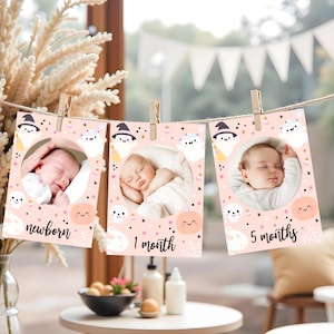 Spooky One Girl 1st First Birthday Pink Monthly Photo Banner, Cute Ghost Halloween Spooktacular Party Month Sign,Canva Template SP11