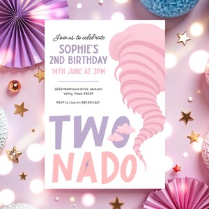 May include: Pink and purple birthday party invitation with a pink tornado graphic and the text "Join us to celebrate Sophie's 2nd Birthday 14th June at 3PM 3233 Madhouse Drive, Jackson Valley, Texas 34234 RSVP to Lisa on 987.654.321 TWO NADO"
