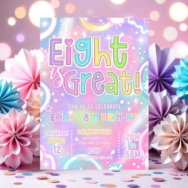 Editable Eight Is Great Birthday Party Invitation Neon Glow 8th Birthday Party Neon Dance Disco Neon Glow Jump Party Instant Download