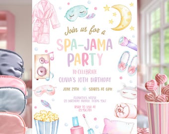 Edytowalne zaproszenie na imprezę urodzinową Spa Jama Party, zaproszenie na noc, różowe spa dla dziewczynek, nastolatka, cyfrowe pobieranie, szablon do druku