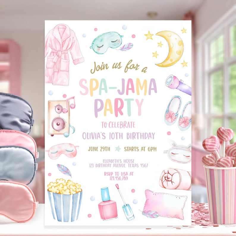 Editable Spa Jama Party Birthday Invitation Sleepover Birthday Invite Pink Girl Spa Tween Teen Digital Download Printable Template image 1