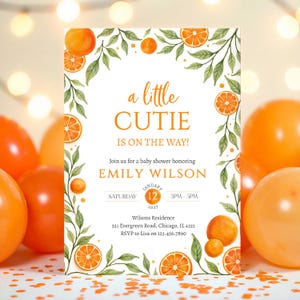 Editable Little Cutie Baby Shower Invitation, Orange Baby Shower Invite, Gender Neutral Orange Citrus Baby Shower Invite image 2