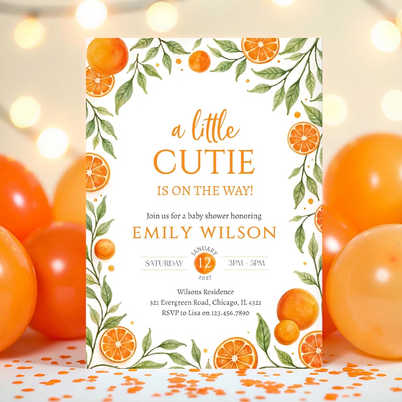 Editable Little Cutie Baby Shower Invitation, Orange Baby Shower Invite, Gender Neutral Orange Citrus Baby Shower Invite image 2