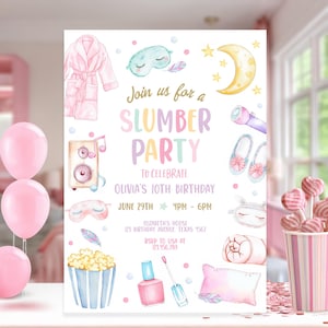 K&ouml;nnte beinhalten: Eine farbenfrohe Einladung zu einer &Uuml;bernachtungsparty zur Feier des 10. Geburtstags von Olivia. Die Einladung zeigt Illustrationen von Pyjamas, einer Schlafmaske, Popcorn, Nagellack und einem Kissen. Der Text lautet "Schlie&szlig;en Sie sich uns zu einer &Uuml;bernachtungsparty an, um Olivias 10. Geburtstag zu feiern, am 29. Juni, 16:00 - 18:00 Uhr, bei Elizabeth, 123 Birthday Avenue, Texas 4567, RSVP an Lisa unter 123.456.789."