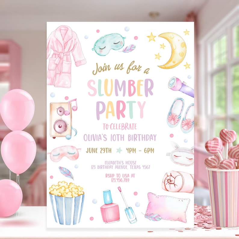 K&ouml;nnte beinhalten: Eine farbenfrohe Einladung zu einer &Uuml;bernachtungsparty zur Feier des 10. Geburtstags von Olivia. Die Einladung zeigt Illustrationen von Pyjamas, einer Schlafmaske, Popcorn, Nagellack und einem Kissen. Der Text lautet "Schlie&szlig;en Sie sich uns zu einer &Uuml;bernachtungsparty an, um Olivias 10. Geburtstag zu feiern, am 29. Juni, 16:00 - 18:00 Uhr, bei Elizabeth, 123 Birthday Avenue, Texas 4567, RSVP an Lisa unter 123.456.789."