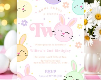 Bearbeitbare Kaninchen-Geburtstagsfeier-Einladung Einige Kaninchen 2. Geburtstagsfeier Gänseblümchen-Kaninchen 2. Geburtstag Frühlings-Geburtstag-Sofortdownload