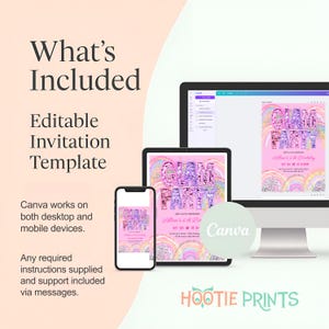 May include: A digital invitation template displayed on a computer monitor, tablet, and smartphone. The invitation design features the text "Glam Party" in a colorful, glittery font, with rainbow and glitter accents. The text "What's Included" and "Editable Invitation Template" are also visible.