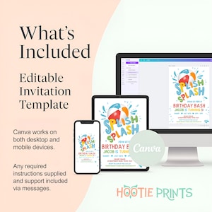 May include: Editable Canva template for a birthday invitation with a colorful beach ball and the text "Splish Splash Birthday Bash".