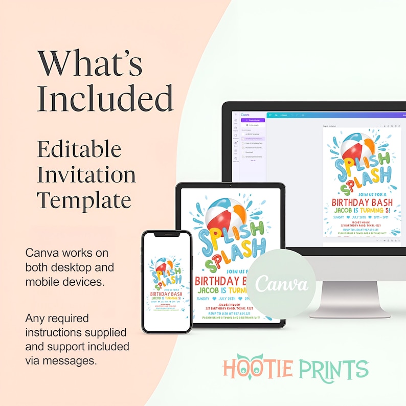 May include: Editable Canva template for a birthday invitation with a colorful beach ball and the text "Splish Splash Birthday Bash".