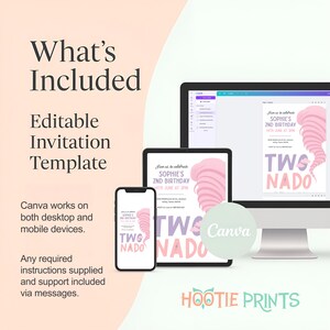 May include: Editable invitation template for a 2nd birthday party with a pink and purple tornado theme. The text on the invitation says "Join us to celebrate Sophie's 2nd Birthday 14th June at 3pm". The template is available on Canva and can be used on both desktop and mobile devices.