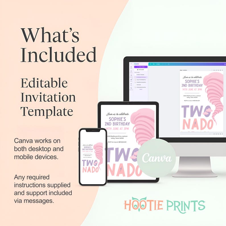 May include: Editable invitation template for a 2nd birthday party with a pink and purple tornado theme. The text on the invitation says "Join us to celebrate Sophie's 2nd Birthday 14th June at 3pm". The template is available on Canva and can be used on both desktop and mobile devices.