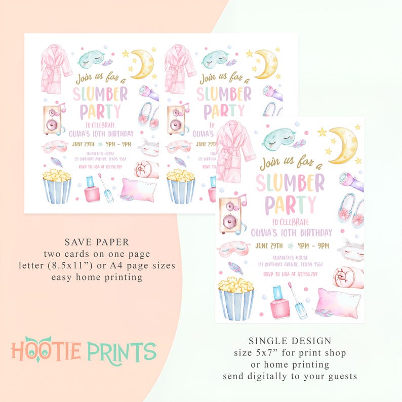 K&ouml;nnte beinhalten: Druckbare Einladung zu einer Pyjamaparty mit einer Aquarell-Illustration eines rosa Bademantels, einer Augenmaske, Popcorn, Nagellack und einem Kissen. Der Text lautet "Schlie&szlig;en Sie sich uns zu einer Pyjamaparty an, um Olivias 10. Geburtstag am 29. Juni von 16:00 bis 21:00 Uhr zu feiern".