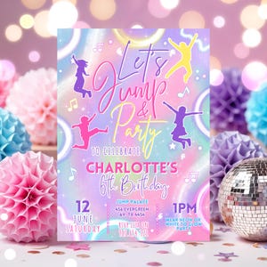 May include: A colorful invitation for a 6th birthday party with a rainbow background and the text "Let's Jump & Party" to celebrate Charlotte's 6th Birthday. The invitation includes details about the party, including the date, time, location, and RSVP information.