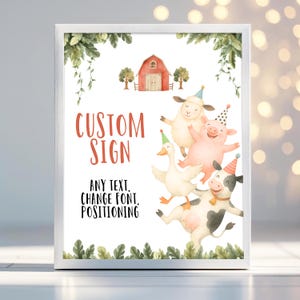 Editable Farm Animals Sign - Custom Boy Barnyard Birthday Decorations, Cow Pig Sheep Table Party Decor FA344