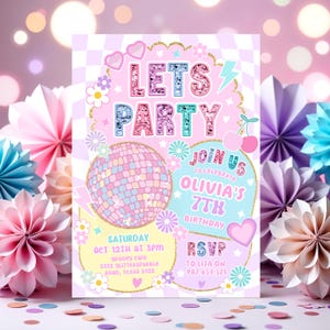 Editable Preppy Tween Teen Birthday Party Invitation Let's Party Varsity Fashion Tween Disco Birthday Party Invitation Instant Download