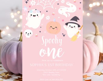 May include: A pink Halloween-themed invitation card with the text "Spooky One" and details for Sophia's 1st birthday. The design features cartoon ghosts, a pumpkin, a witch ghost, and a spiderweb. Gold star confetti and pumpkins are in the background.