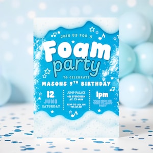 Convite de festa de espuma editável, modelo digital personalizável, aniversário de bolhas, download instantâneo
