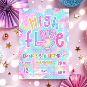 May include: A colorful invitation with the words "High Five" and a hand graphic. The invitation announces Emma's 5th birthday party on August 12th at 2 PM. The design features a pastel galaxy theme with stars.