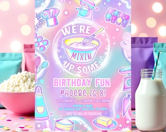 May include: A pink and purple birthday invitation with a cartoon illustration of a mixing bowl and other baking supplies. The text reads "We're Mixin' Up Some Birthday Fun Phoebe is 8!" with the date and time of the party.