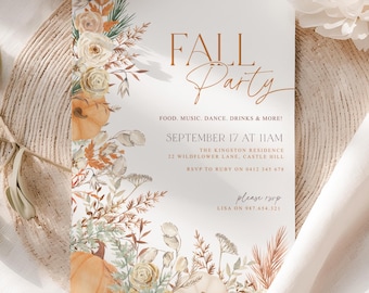Invitación elegante y editable para fiesta de otoño/cena otoñal (plantilla de Canva)