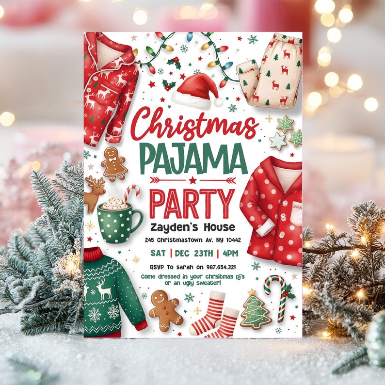 May include: A festive Christmas Pajama Party invitation with illustrations of pajamas, a Santa hat, and gingerbread cookies. The invitation includes the text "Christmas Pajama Party" and event details.
