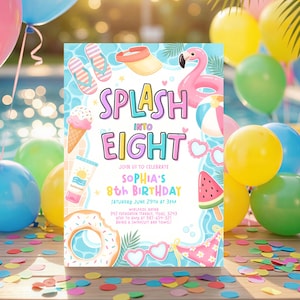 May include: A colorful birthday party invitation with the text "SPLASH INTO EIGHT". The invitation features illustrations of a flamingo, ice cream cone, sunglasses, and watermelon. Balloons and confetti surround the invitation.