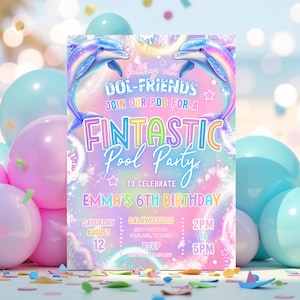 Bearbeitbare Delphin Pool Party Einladung Neon Glow Delphin Unter Dem Meer Pool Geburtstagsfeier Regenbogen Delphin Party Sofort Download