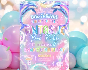 Editable Dolphin Pool Party Invitation Neon Glow Dolphin Under The Sea Pool Birthday Party Rainbow Dolphin Party Instant Download