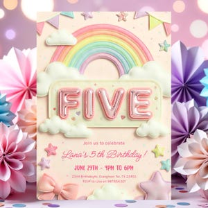 5th Birthday Invitation Girl Editable Rainbow Sequin Glitter Invite Printable Template for Girls Party, Patchwork HootiePrints