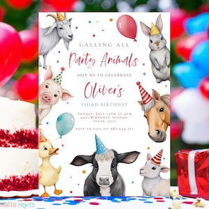 Plantilla de invitación de cumpleaños editable para llamar a todos los animales de la fiesta: caballo, vaca, pato, cabra, cerdo, animales de granja, safari, zoológico