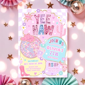 Yee Haw Pink Cowgirl Birthday Invitation Disco Rodeo Party Invite HootiePrints GS32 image 3