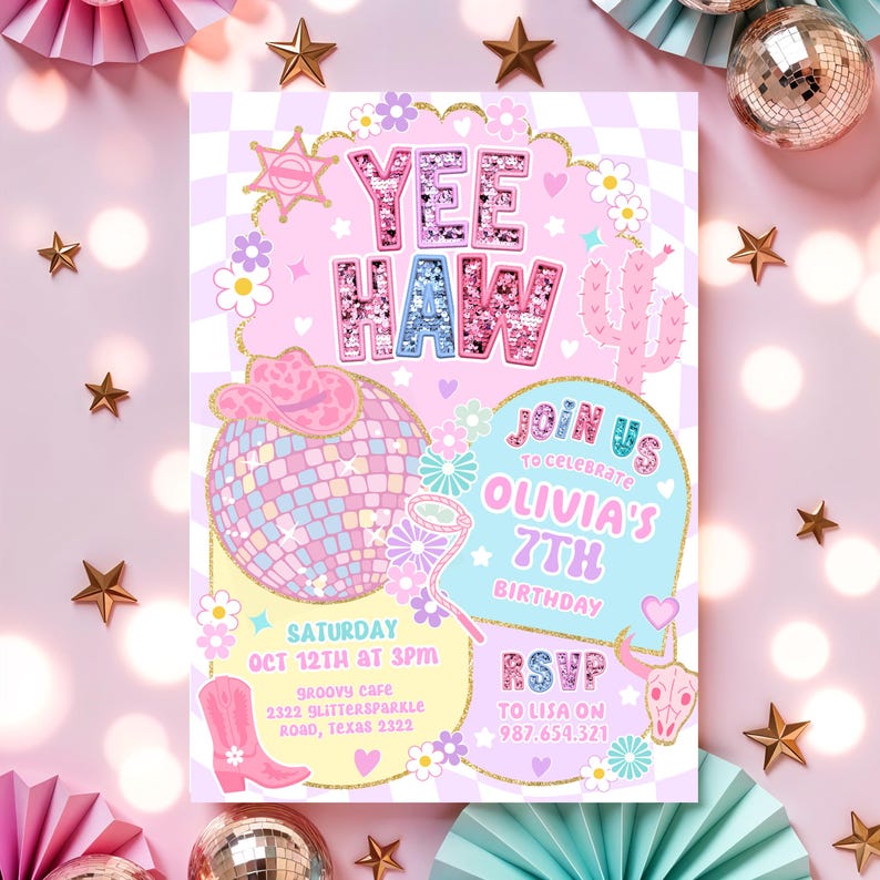 Yee Haw Pink Cowgirl Birthday Invitation Disco Rodeo Party Invite HootiePrints GS32 image 3