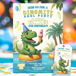 Editable Dinosaur Pool Party Invitation Dinosaur Pool Birthday Party Splash Pad Dinosaur Pool Party Instant Download, Dinosaur Tag - 34232