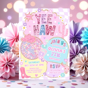 Yee Haw Pink Cowgirl Birthday Invitation Disco Rodeo Party Invite HootiePrints GS32 image 2