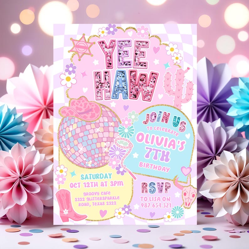 Yee Haw Pink Cowgirl Birthday Invitation Disco Rodeo Party Invite HootiePrints GS32 image 2