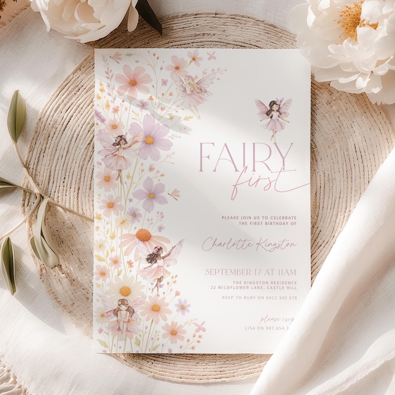 EDITABLE Fairy First Birthday Invitation Girl, Boho Arch Fairy 1st Birthday Invite, Garden, Enchanted Garden Fairy Invitation, Birthday Girl image 1