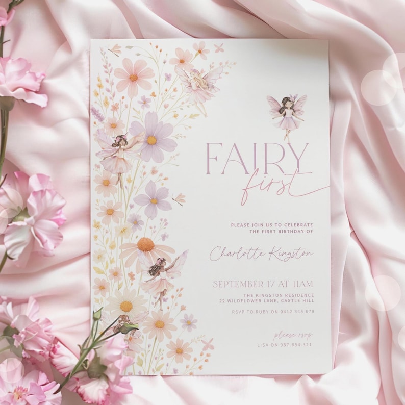 EDITABLE Fairy First Birthday Invitation Girl, Boho Arch Fairy 1st Birthday Invite, Garden, Enchanted Garden Fairy Invitation, Birthday Girl image 3
